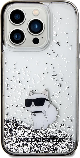 Mbështjellës Karl Lagerfeld Liquid Glitter Choupette për iPhone 14 Pro Max, Transparent, Argjendtë