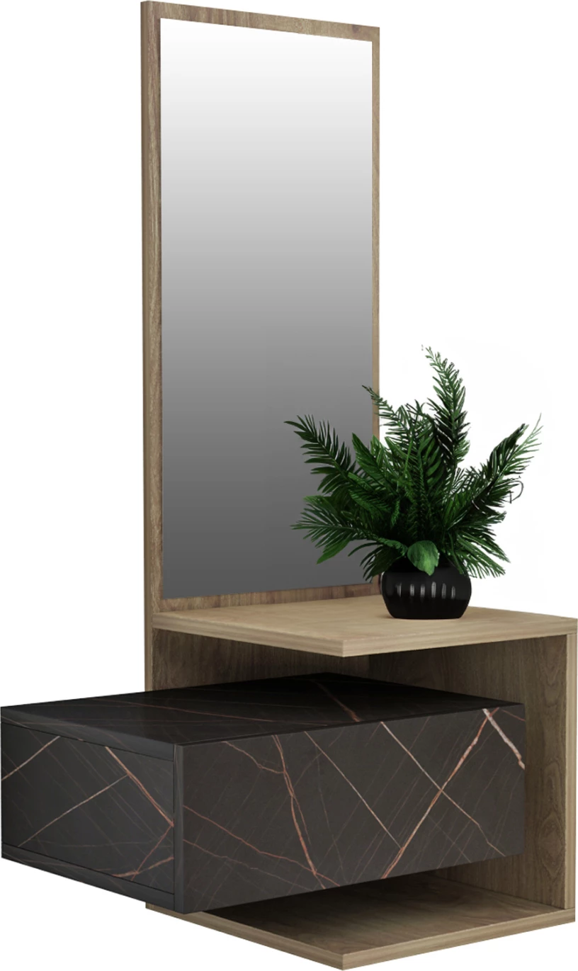 Mobilje hyrëse me pasqyrë, MEARA, FH8984.13, melaminë, ngjyrë natyrale-mermer i zi, 49,1x31,3x90H cm