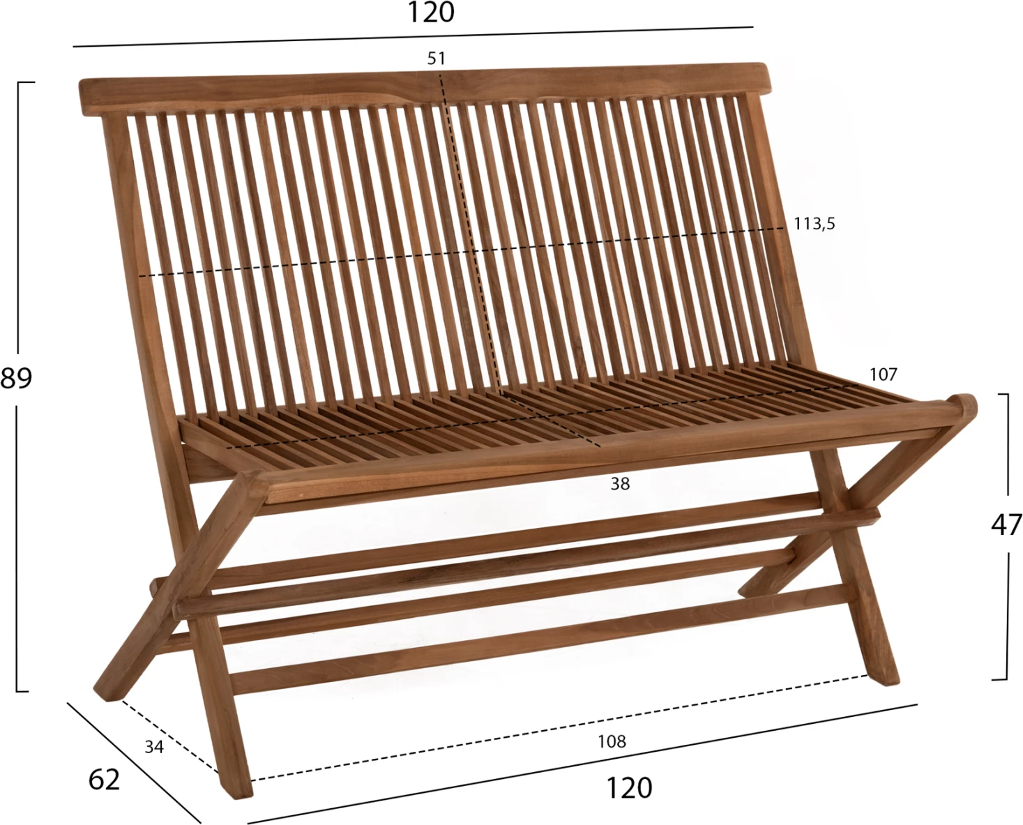 Karrige e palosshme KENDALL FH9541, dru TEAK, ngjyrë natyrale, 120x62x89H cm