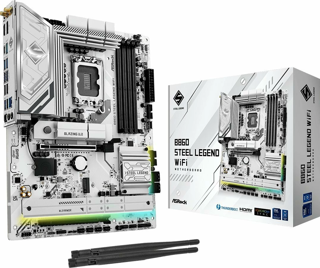 Pllakë amë ASRock B860 Steel Legend WiFi, ATX, DDR5 deri 256GB, Wi‑Fi 7, Bluetooth, 2.5GbE, e bardhë/argjendtë, set me 2 antena WiFi + 2 kabllo SATA