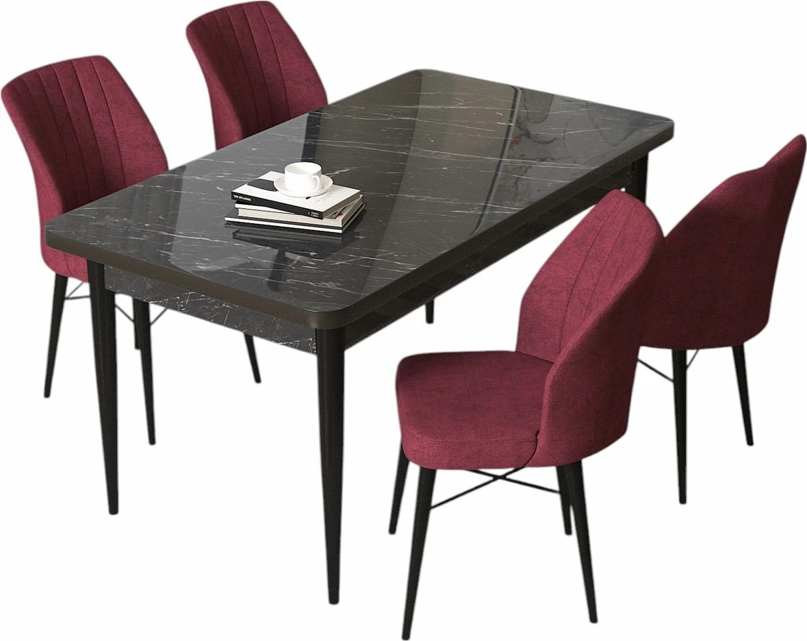 Tavolinë me karrige, 5 copë, Skye Decor, mermer i zi, karrige burgundy