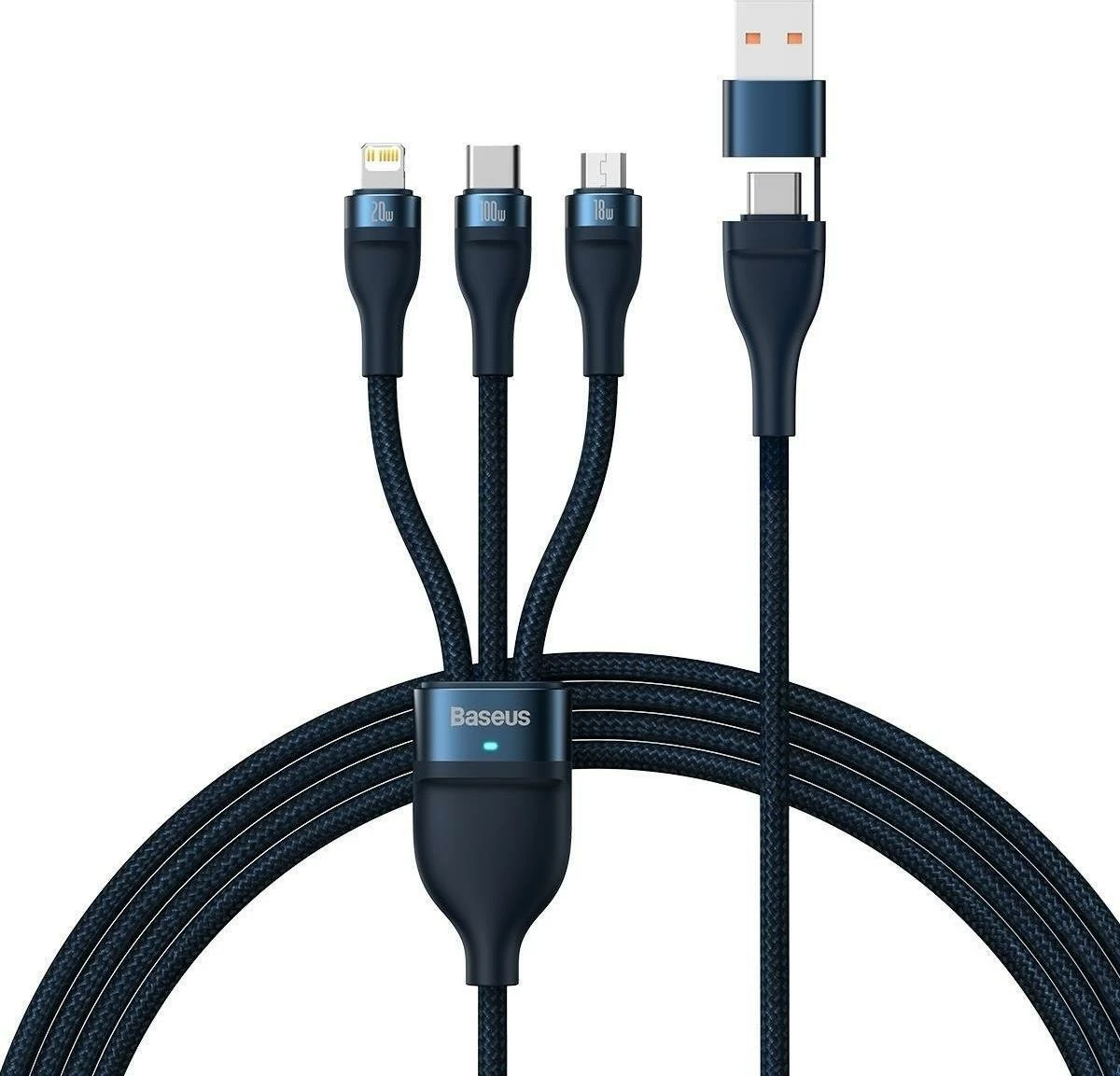 Kablë karikimi Baseus Flash Series II CASS030103 1.2 m 100W USB-A/USB-C në USB-C + microUSB + Lightning, navy blue