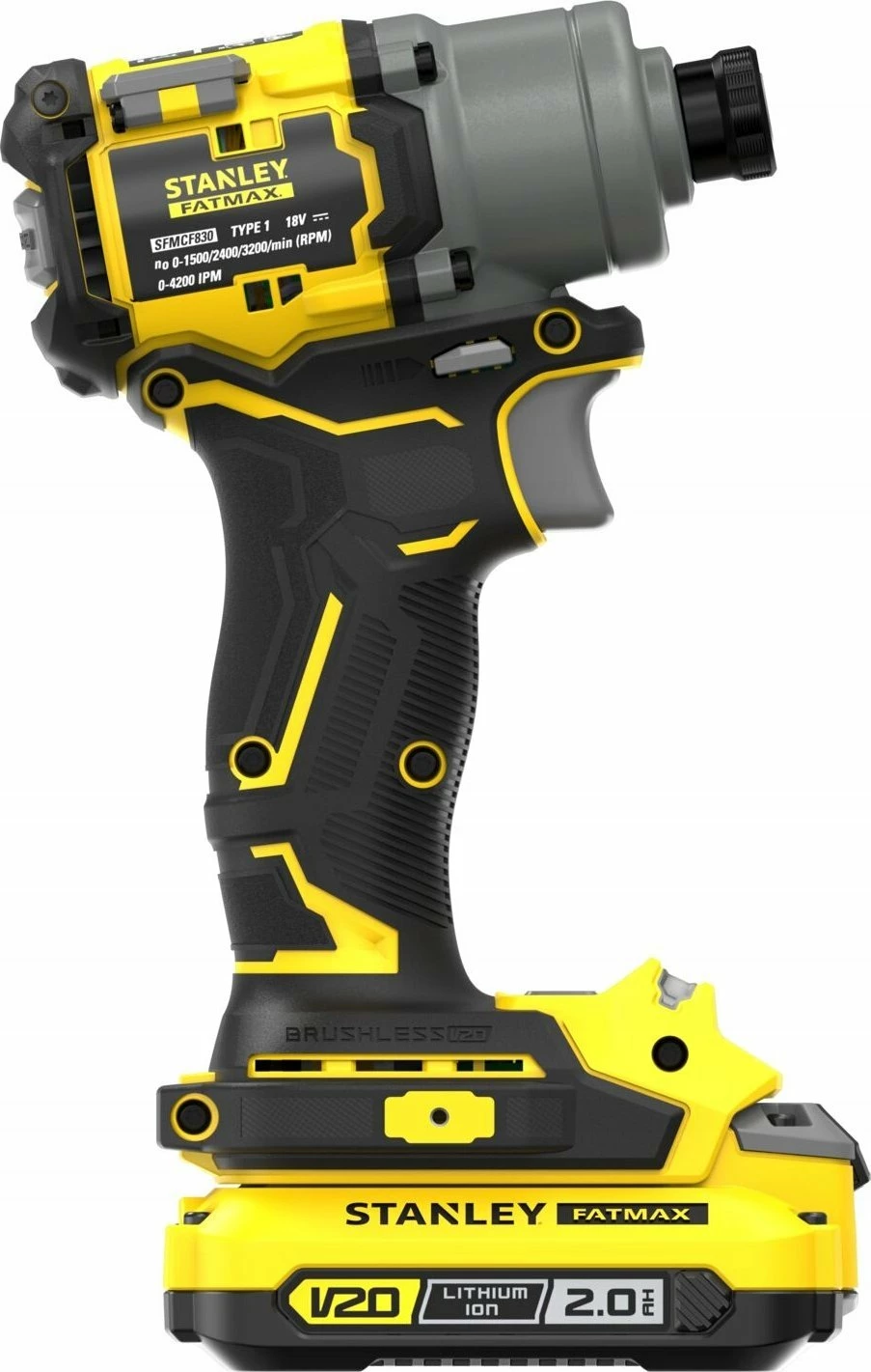 Shurupavërtëse me goditje Stanley FatMax V20 SFMCF830D2K-QW 18 V, brushless, 2x2.0 Ah, 1/4\" HEX, set me 2 bateri + karikues + valixhe, e verdhë/zezë