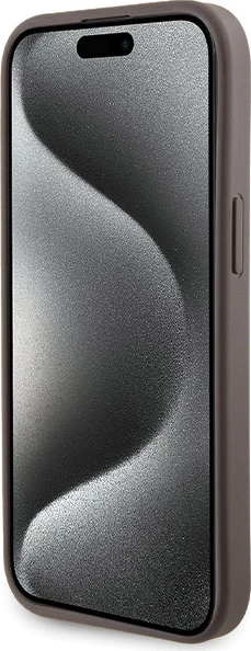 Mbështjellës Guess Grip Stand 4G Triangle Strass për iPhone 15, Kafe