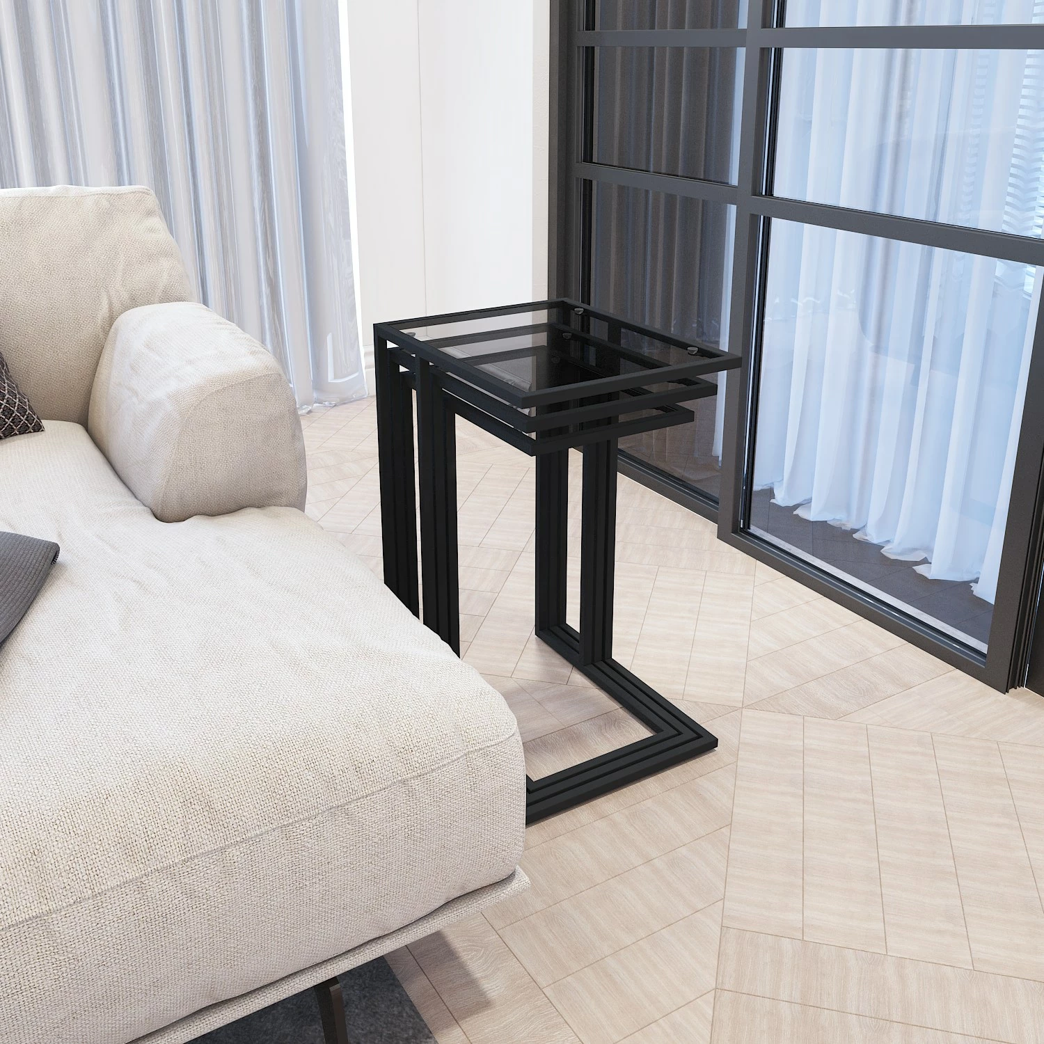 Set tavolinash të ndërlidhura (3 copë), Hanah Home, İbiza, xham i tymosur, e zezë