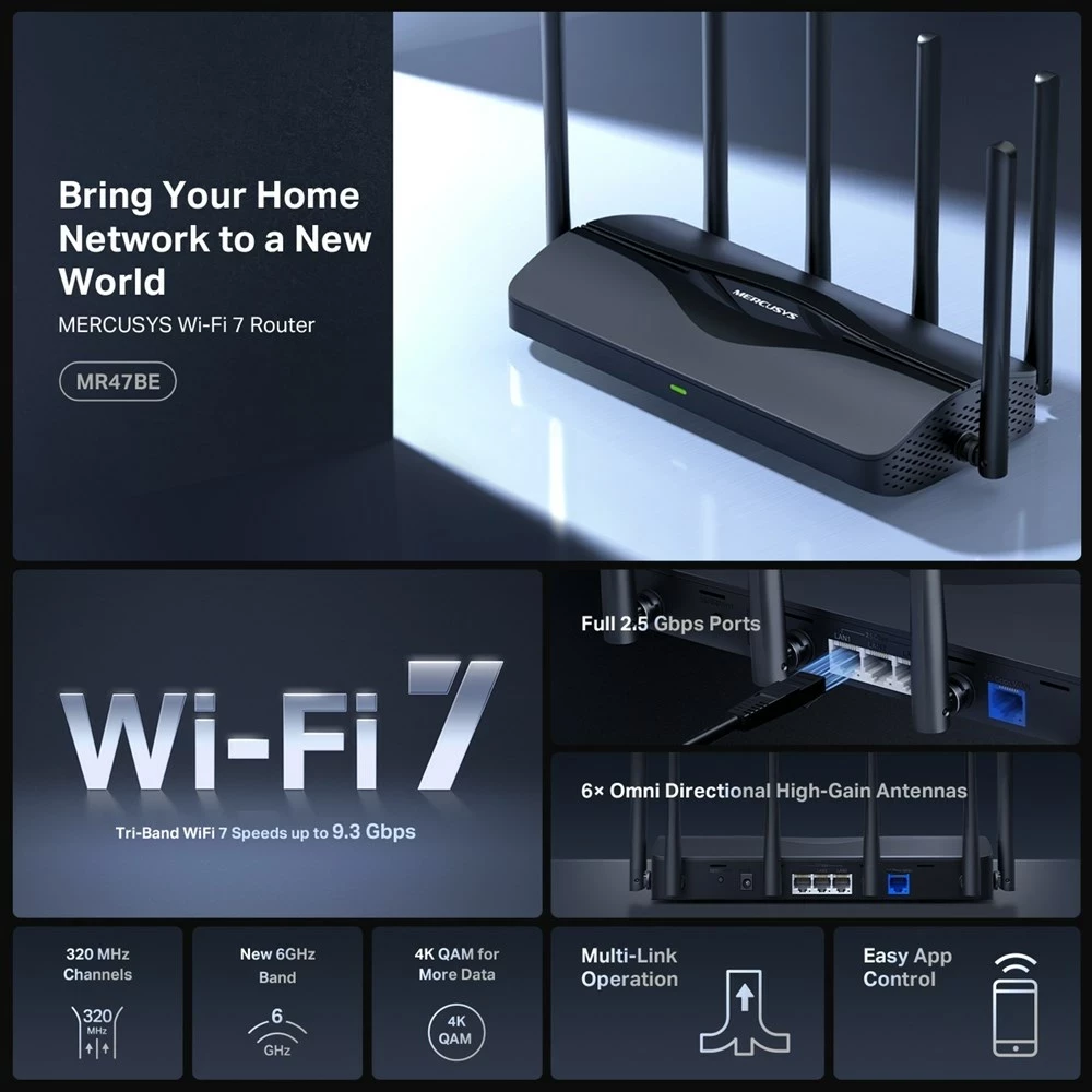 Router Mercusys BE9300 Tri-Band Wi-Fi 7, i zi