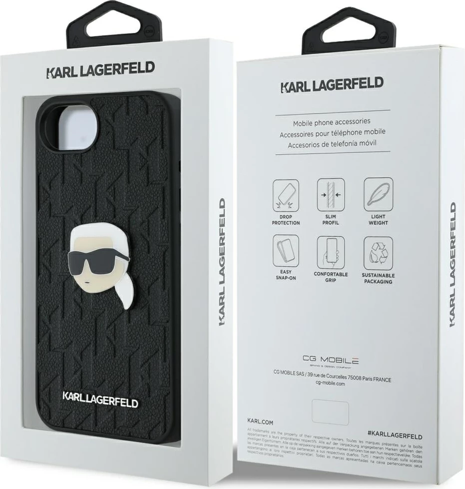 Mbështjellës Karl Lagerfeld Monogram Karl Head Pin për iPhone 16e, i zi