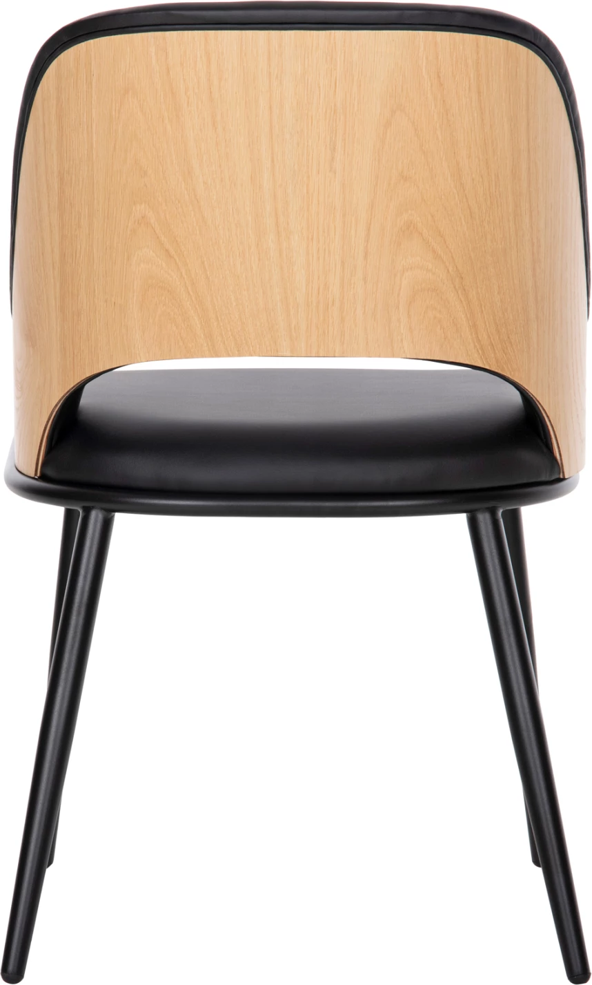 Karrige ngrënieje DELF FH9617.01 PU e zezë-këmbë metali të zeza-shpinë druri natyrale 48x55x76H cm., set prej 2 copë