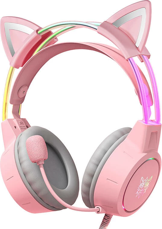 Kufje gaming ONIKUMA X15Pro me mikrofon, me veshë mace, Rozë