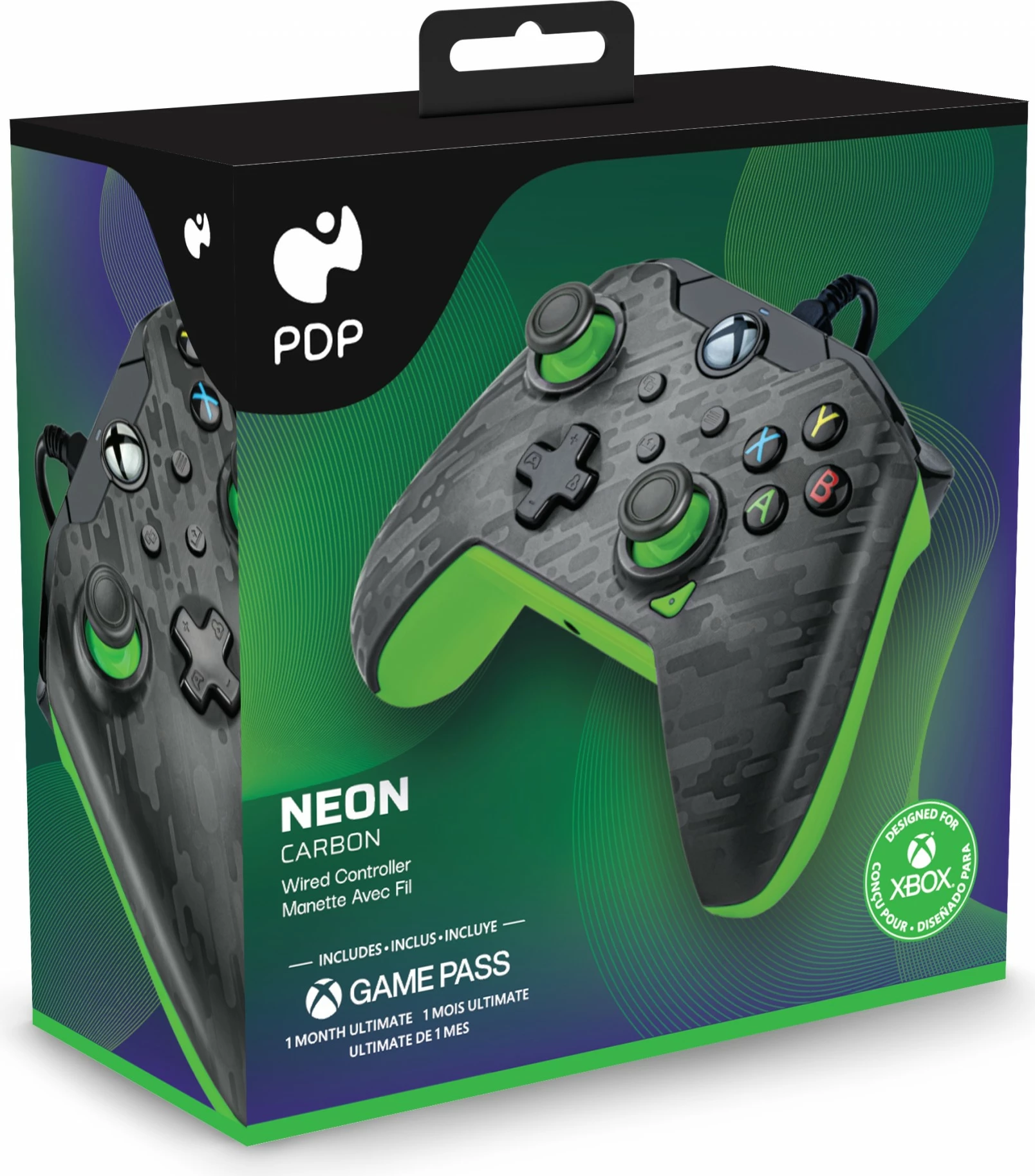 Gamepad PDP Neon Carbon, Xbox, Windows 10/11, Wired, USB, Karbon, Gjelbër