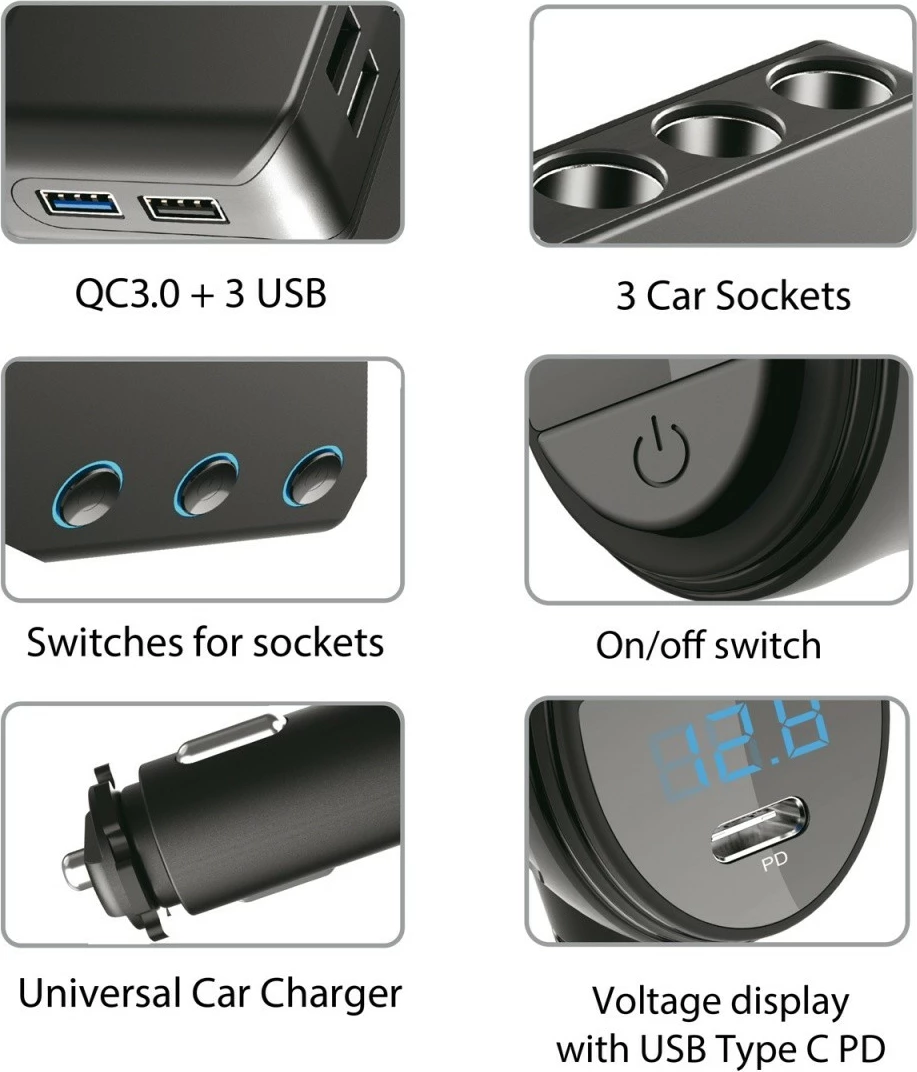 Ndarës prizë çakmaku Maclean MCE218, 4 porta USB + USB-C, i zi