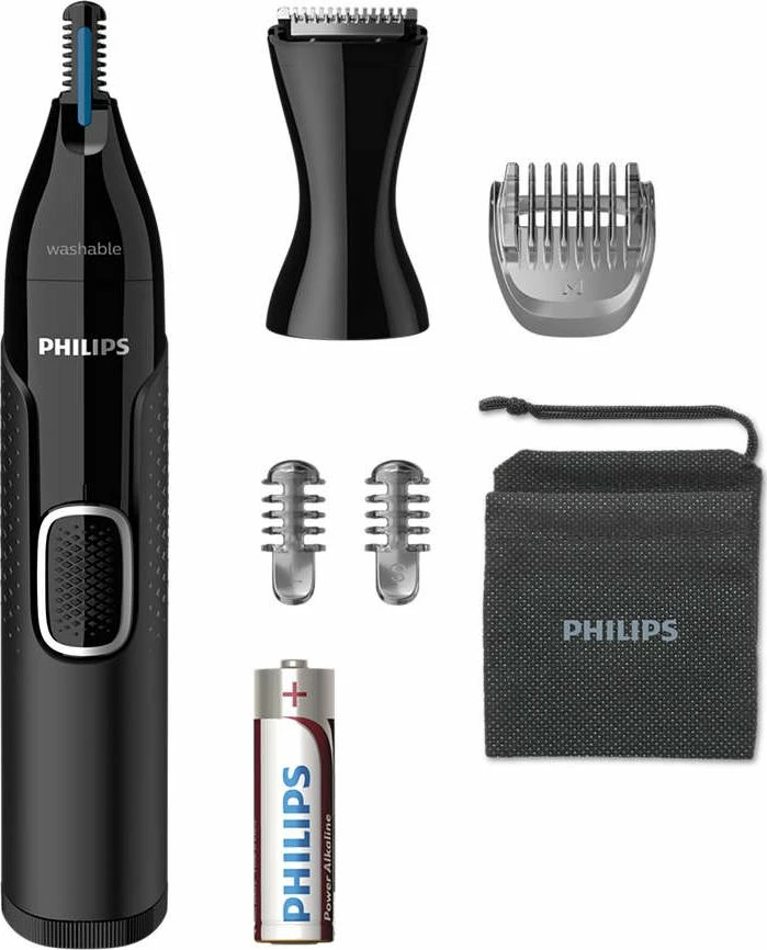 Trymer hunde Philips Nosetrimmer Series 5000 NT5650/16, krehër 3/5 mm, i larshëm, bateri AA, i zi, set me aksesorë