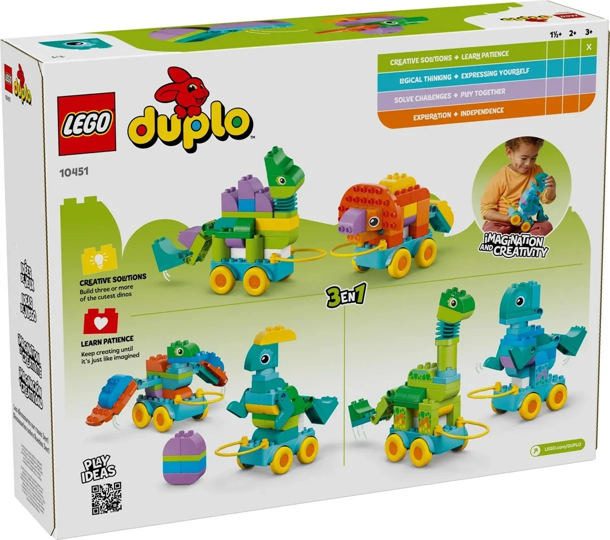 Set lodrash LEGO DUPLO 3-në-1 Dinosaurs on Wheels, 108 pjesë, për fëmijë 3+ vjeç