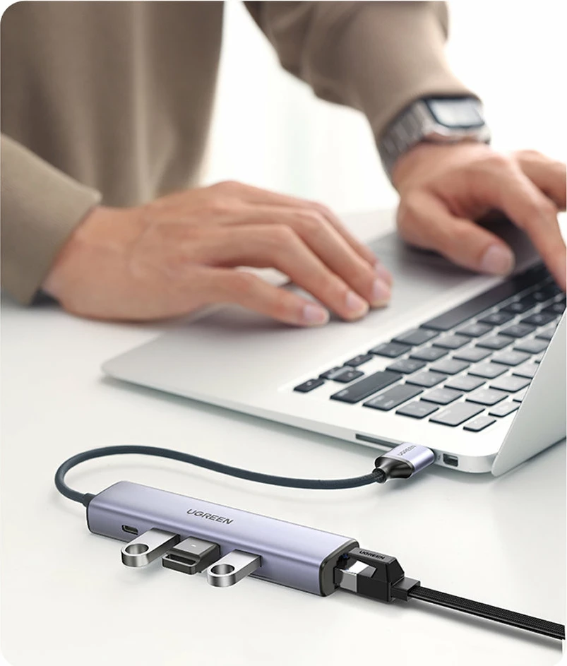 Adapter HUB multifunksional Ugreen CM475, 3x USB 3.0, Ethernet RJ-45, USB Type C PD, Gri