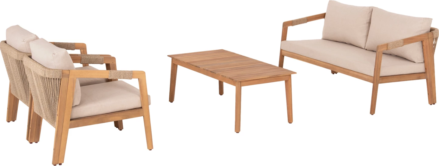 Set lounge për jashtë, 4 pjesë, dru akacie, litar, material poliestër, bezhë, SAVANNA FH6442