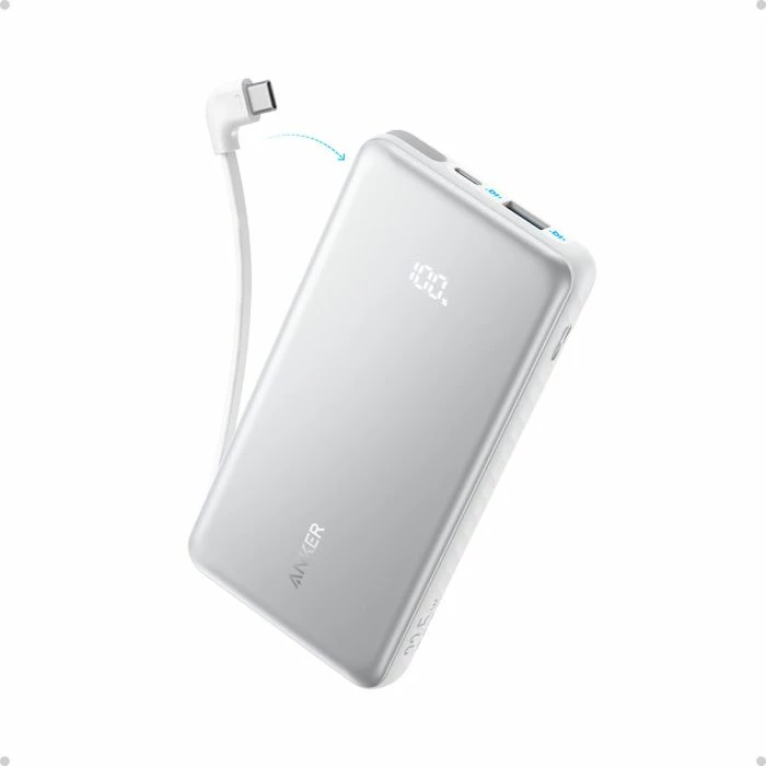 Powerbank Anker Zolo A110D 10000 mAh 22.5W me kabllo USB-C të integrume, bardhë