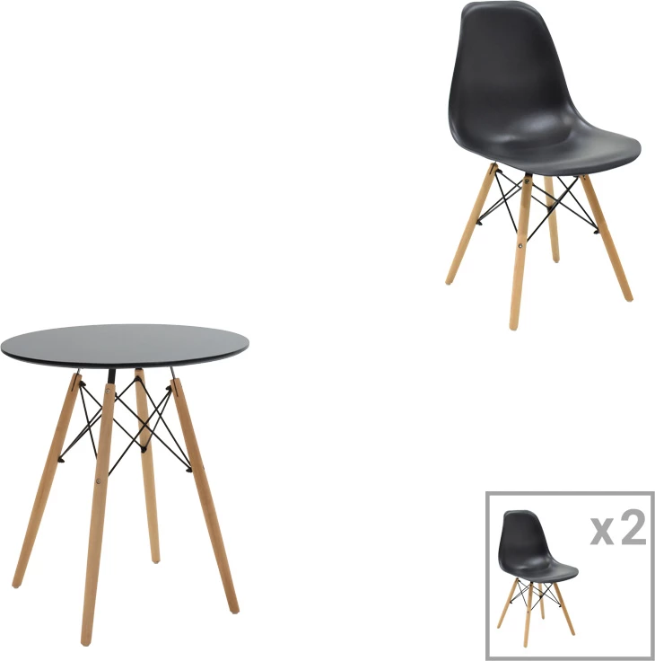 Set tavoline me karrige Julita, MDF i zi, dru ahu natyral, 3 copë, Φ60x73cm