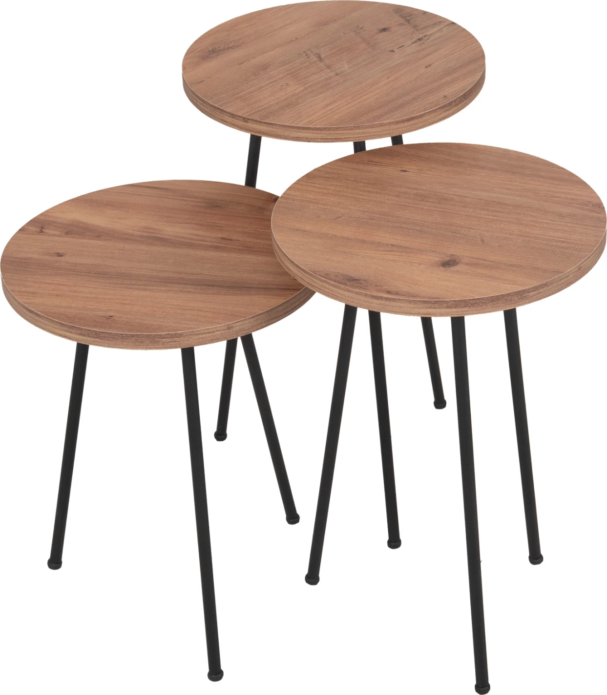 Set tavolina anësore të rrumbullakëta KISSA FH18174.04 melaminë ngjyrë druri natyral-këmbë metali të zeza