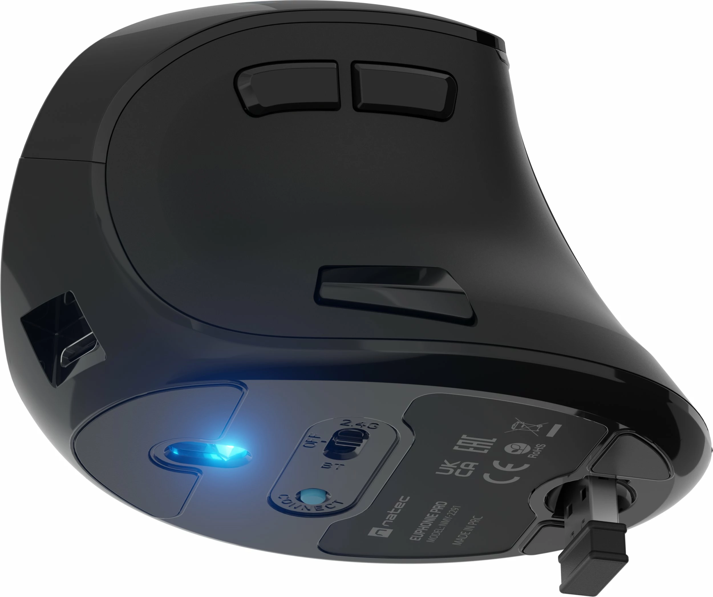 Maus vertikal Natec Euphonie Pro NMY-2291, pa kabllo, Bluetooth 5.0/2.4GHz, 4000 DPI, i heshtur, i programueshëm, i zi
