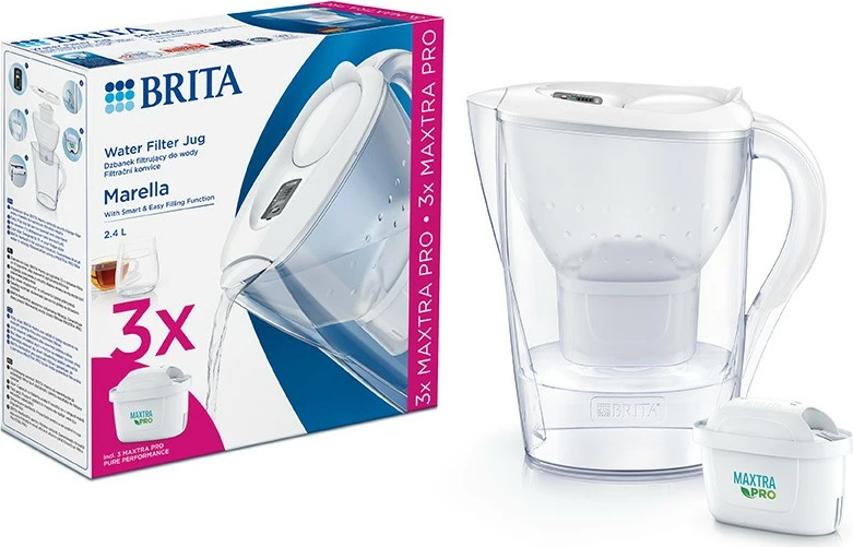 Ibrik filtrues uji Brita Marella+ PRO, 2.4L, 3 kartridha, Bardhë