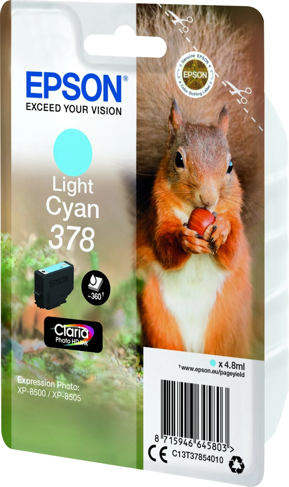 Bojë Epson Squirrel Singlepack Light Cyan 378 Claria Photo HD, Kapacitet standard, 4.8 ml