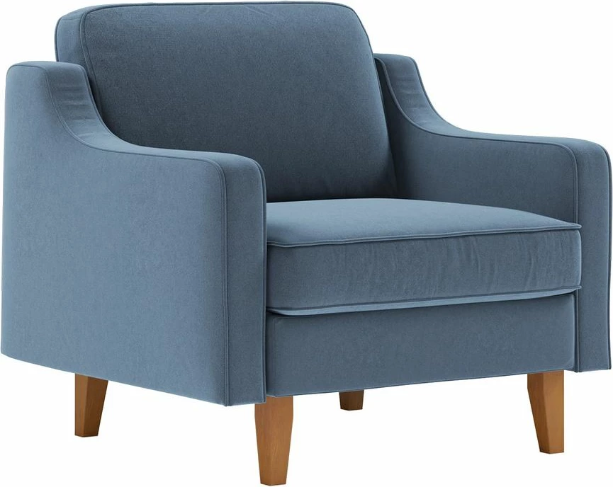 Karrige një vendëshe Robin, kadife ngjyrë ocean blue, këmbë dru arre