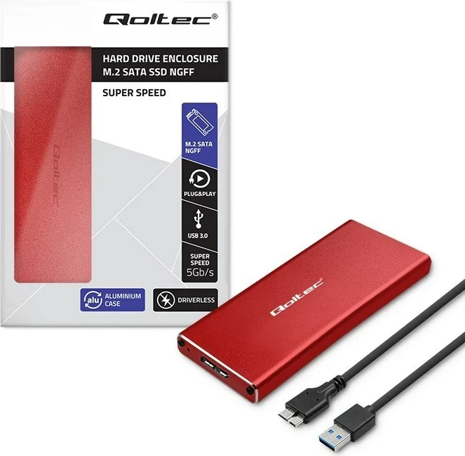 Kasë SSD Qoltec 51831, M.2, USB 3.0, 2TB, Kuqe