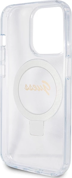Mbështjellës Guess Ring Stand Script Glitter MagSafe për iPhone 15 Pro, Transparent