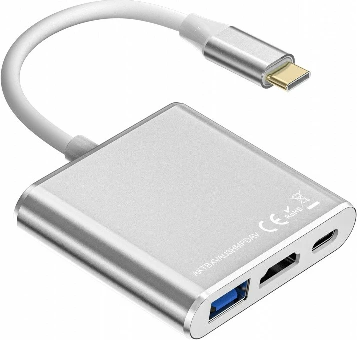 Adapter HUB USB C 3-në-1 TB, HDMI, USB 3.0, Power Delivery, Argjend