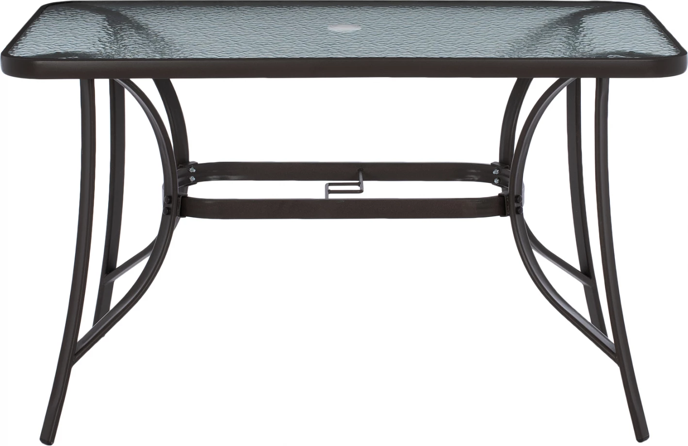 Tavolinë e jashtme, ngjyrë kafe, metalike, me sipërfaqe xhami dhe vrimë për ombrellë, 120x70x72 cm, FH5021.12