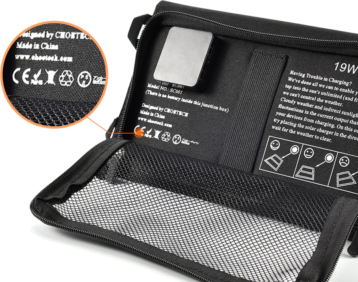 Karikues diellor i palosshëm Choetech SC001, 19W, 2x USB-A, i zi