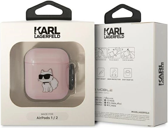 Mbështjellës Karl Lagerfeld KLA2HNCHTCP për AirPods 1/2, Choupette, rozë me unazë