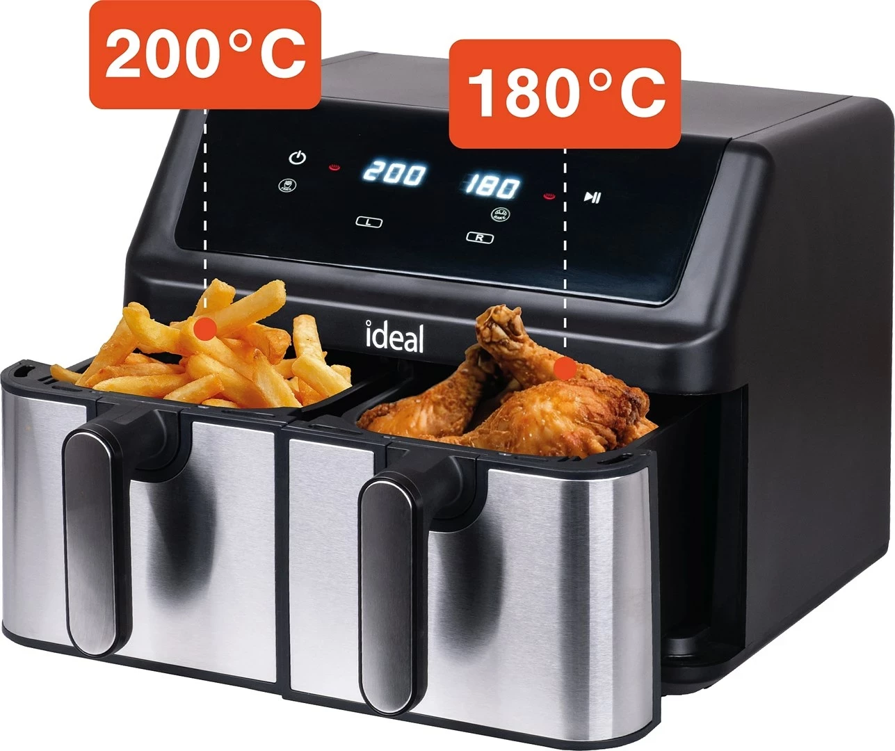 Fritezë me ajër ELDOM IK1500 dualcrisp, 9L, 8 programe, çelik i furçuar, dy sirtarë