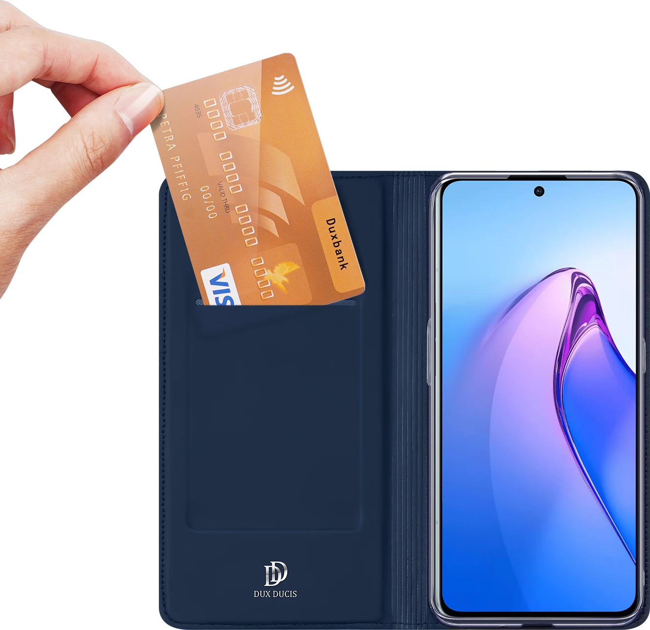 Mbështjellës Dux Ducis Skin Pro për Oppo Reno 8 Pro, me kapak, xhep për kartela, funksion standi, Kaltër