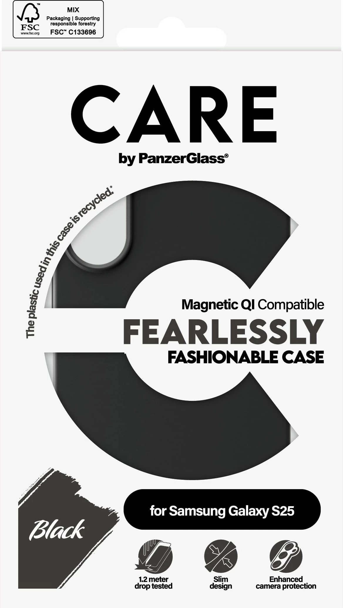 Mbështjellës PanzerGlass CARE për Galaxy S25, silikon, i zi