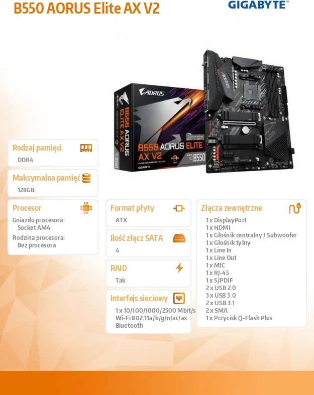Pllakë amë Gigabyte B550 AORUS Elite AX V2, Socket AM4, ATX, DDR4, Wi-Fi 6, E zezë