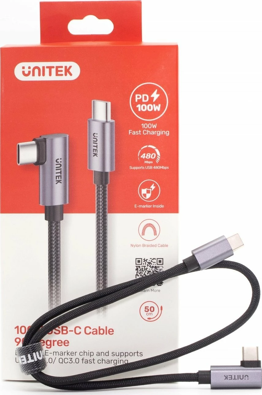 Kabllo USB-C në USB-C Unitek C14123BK-5M 5 m, PD 100W, USB 3.0, prizë këndore, argjendtë