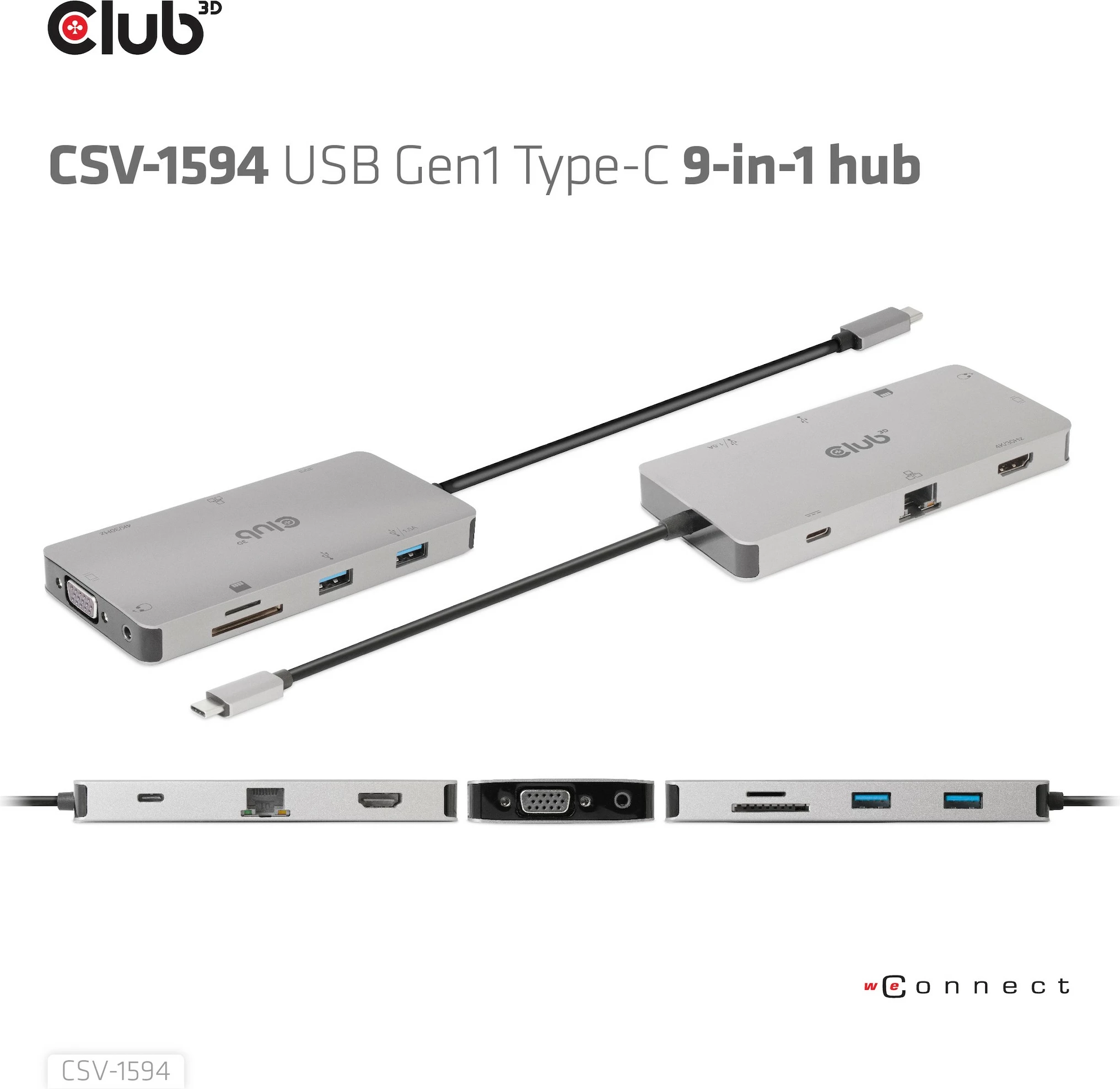 HUB USB-C Club3D 9in1, HDMI VGA 2xUSB RJ45 SD, 100W, zi/gri