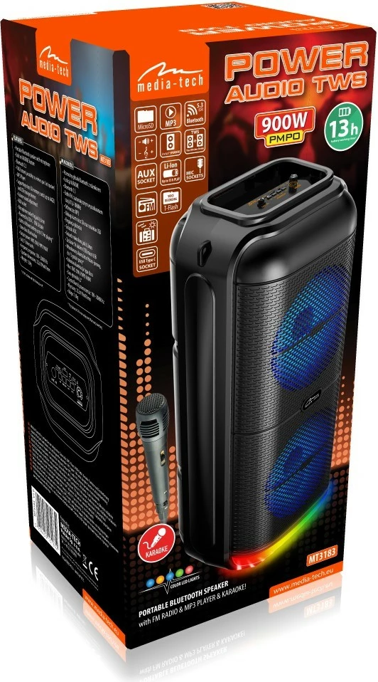 Altaparlant portativ Media-Tech BT POWER AUDIO MT3183 me mikrofon, Bluetooth 5.3, 50W, i zi me ndriçim shumëngjyrësh