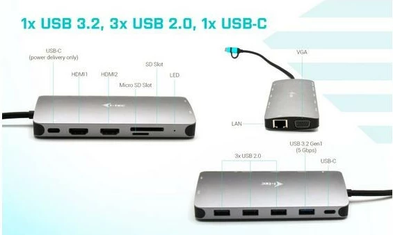 Docking station i-tec CANANOTDOCKPD, 3x Display, USB 3.0/USB-C/Thunderbolt, LAN, Power Delivery 100W, Argjend