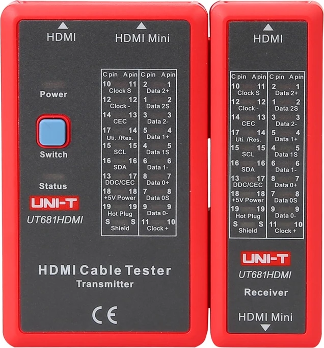 Tester kabllosh HDMI, UNI-T UT681HDMI, LED 19-pins, 3 modalitete testimi (fast/scan/full), mbështetje Mini HDMI, bateri 9V, kuq-gri, set transmetues + marrës