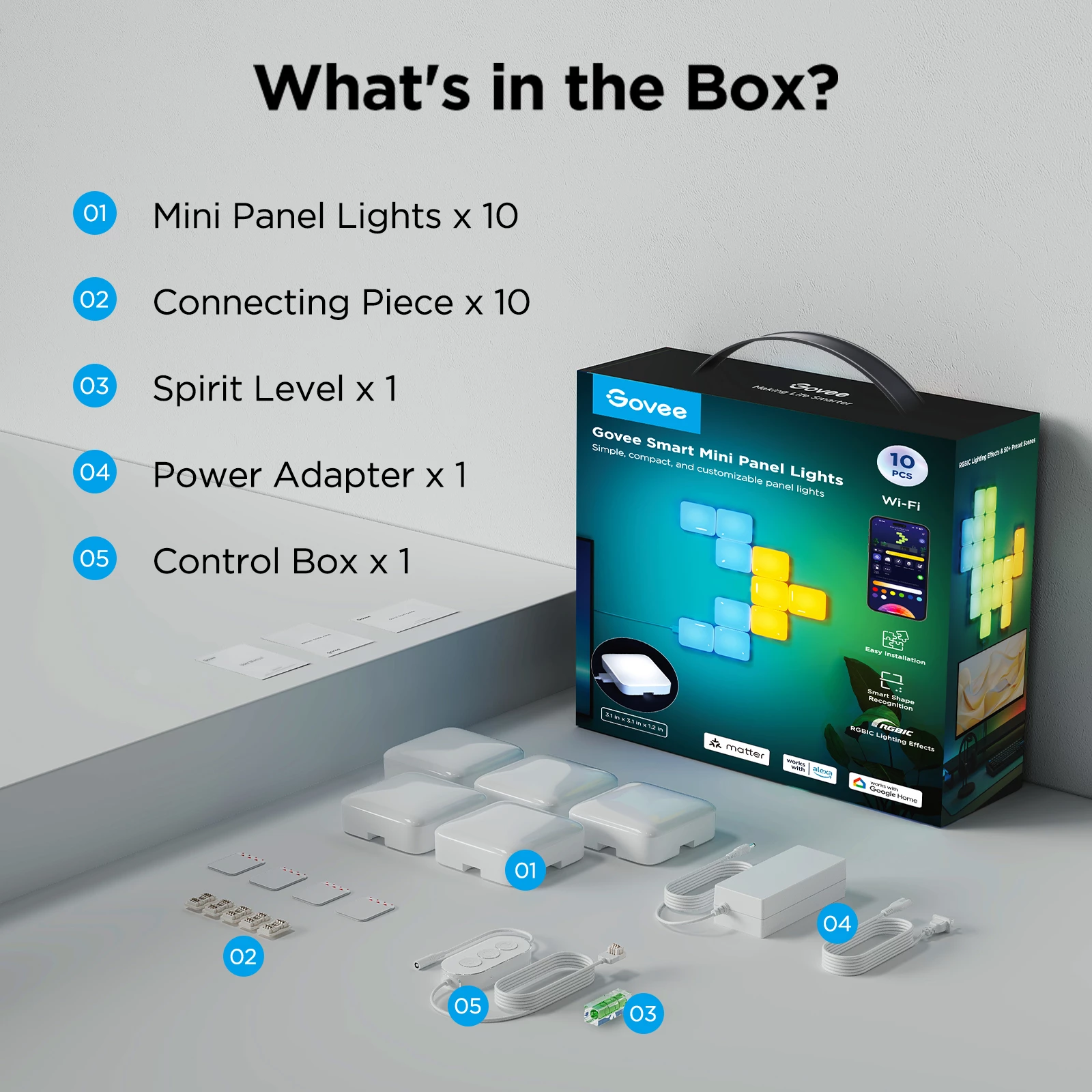 Panel dritash LED smart Govee Mini Panel Lights, RGBIC, Wi‑Fi, Matter, 10 copë