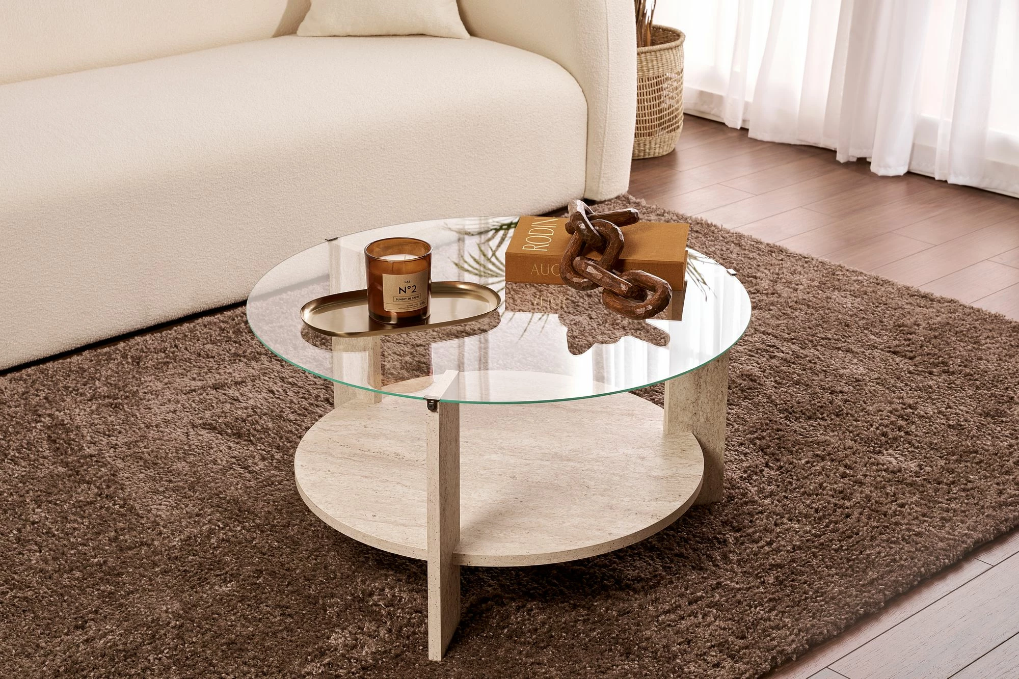 Tavolinë kafeje Nordure, Clara, travertin, transparente