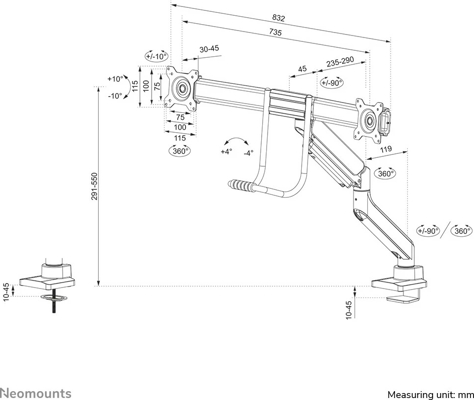 Krah monitori tavoline Neomounts, Clamp/Grommet, 8 kg, 43.2 cm (17"), 81.3 cm (32"), 100 x 100 mm, Bardhë