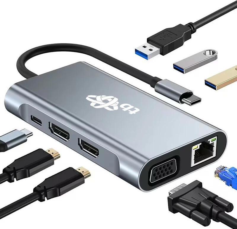 HUB Adapter TB AKTBXVA8W1UHVRJ, USB C 8-në-1, HDMIx2, VGA, RJ45, 3xUSB, Power Delivery, Grafit