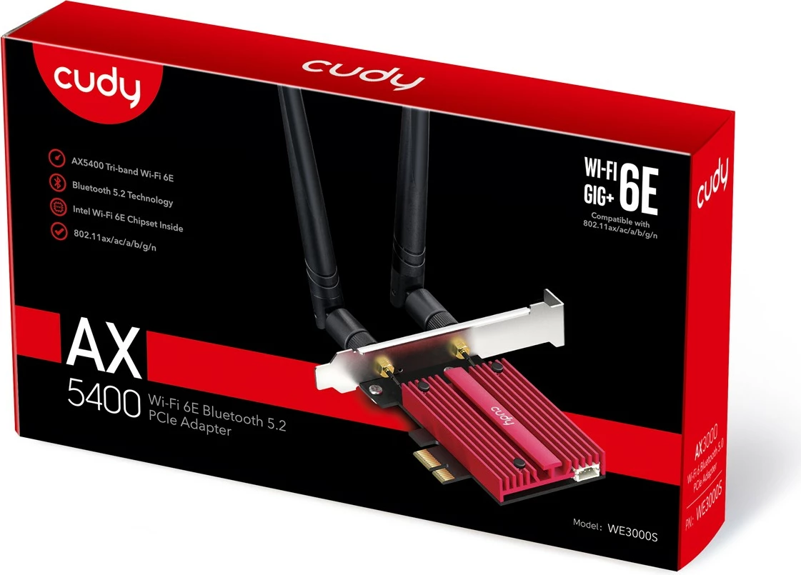 Kartë rrjeti Wi‑Fi PCIe, Cudy WE3000S, AX5400 Tri‑Band, Bluetooth 5.2, Intel AX210