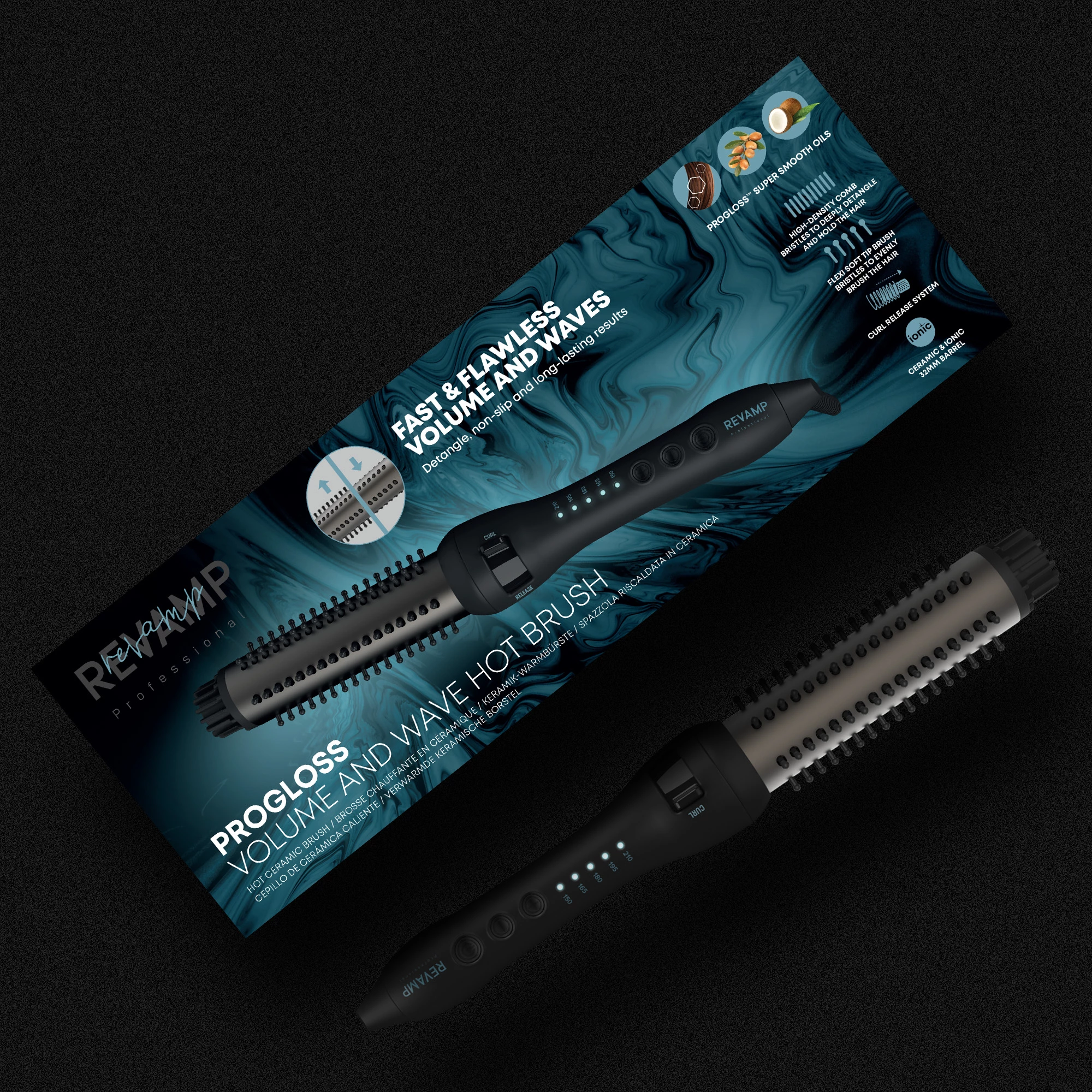 Furçë e nxehtë për flokë Revamp Progloss Volume & Wave BR-1350 32 mm 150–210°C, e zezë, me dorezë mbrojtëse nga nxehtësia