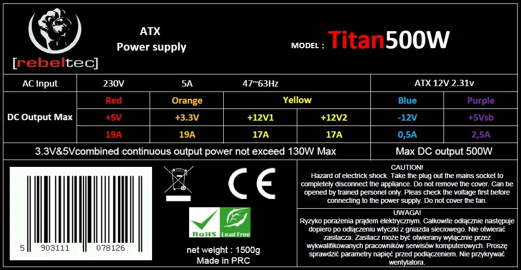 Kasë energjie Rebeltec TITAN 500, ATX 2.31, 500W, e zezë