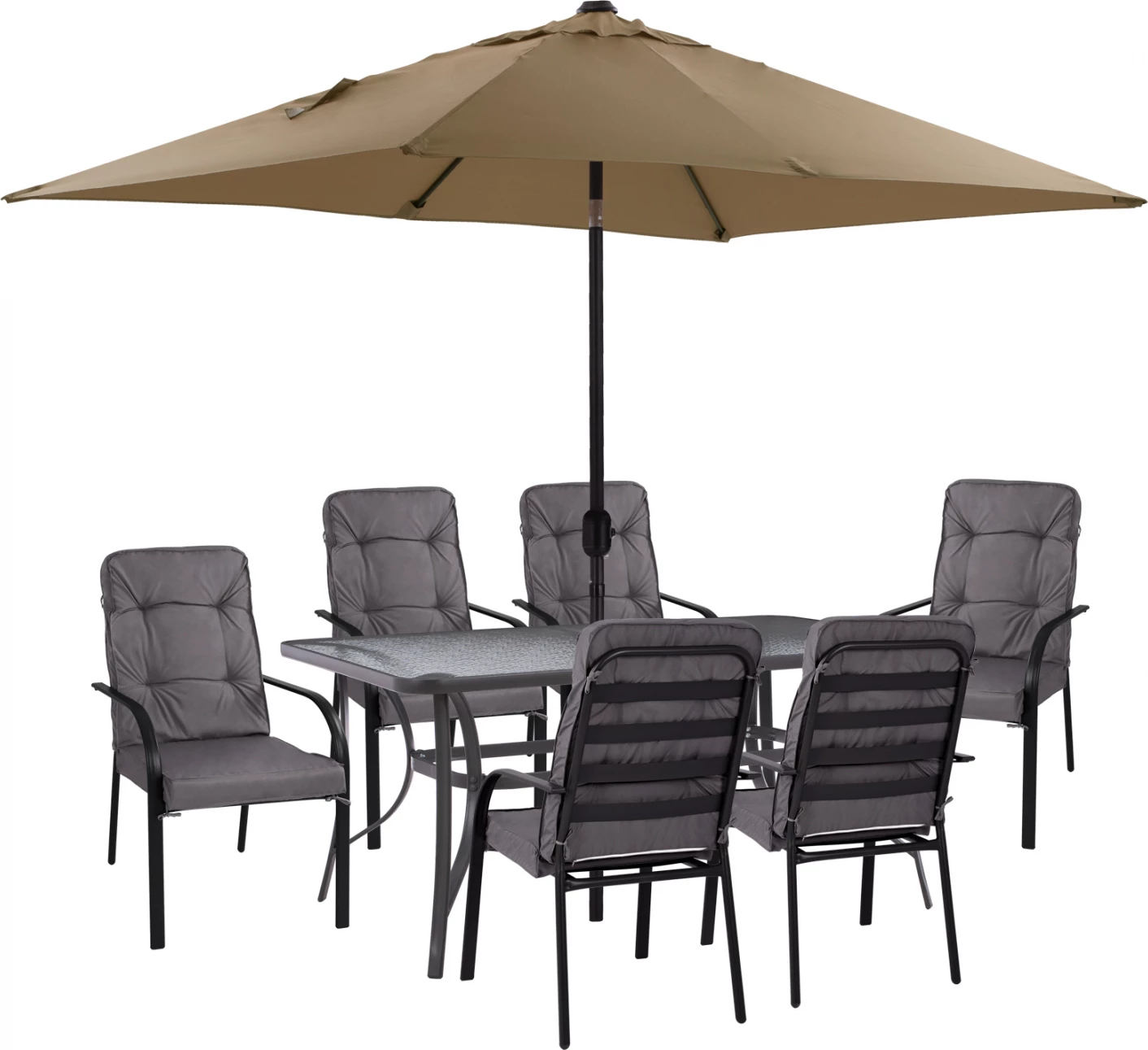 Set për darkë 8 copë, tavolinë, karrige me krahë gri dhe ombrellë mocha gri FH11476