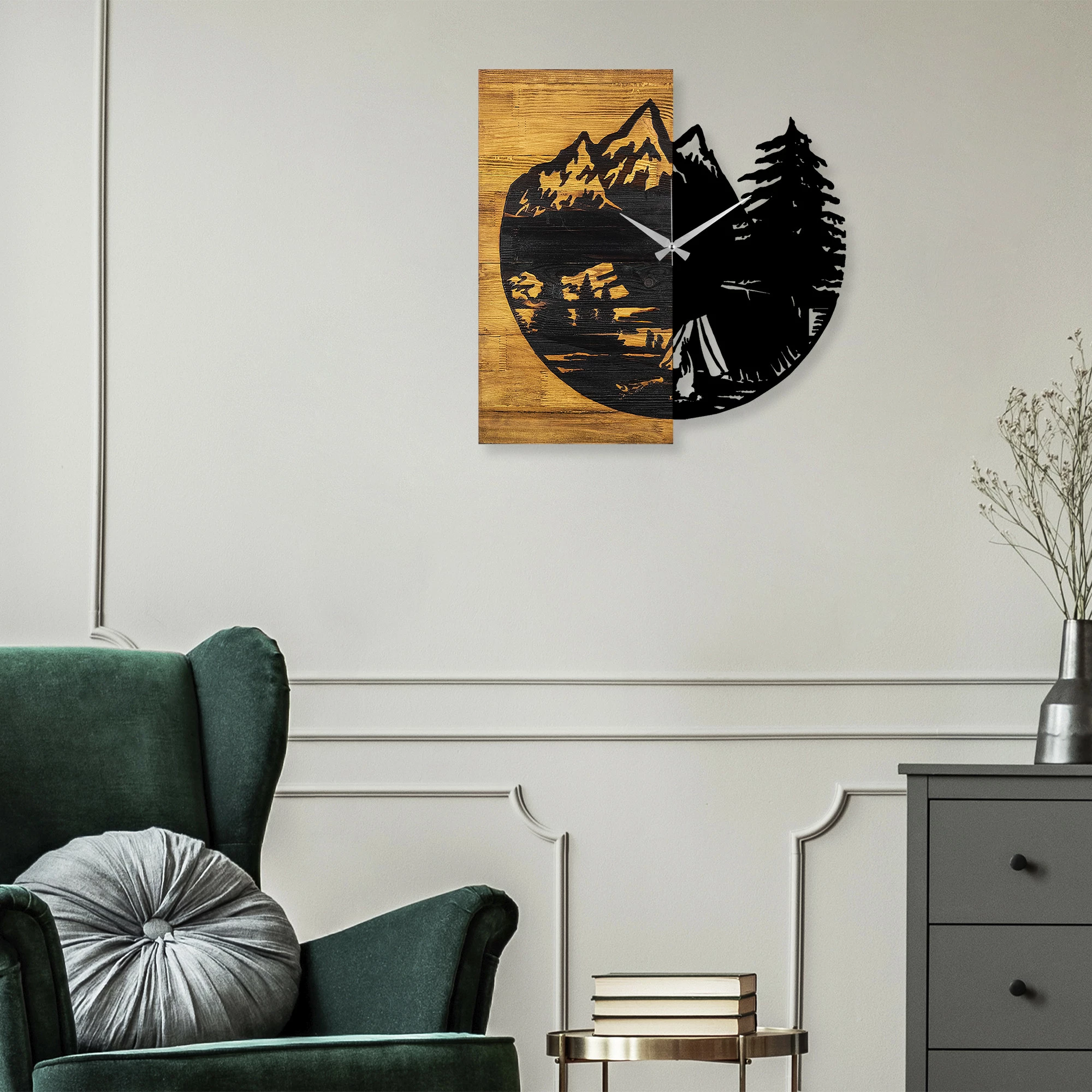Orë muri dekorative prej druri, Wallity, ngjyrë arre dhe e zezë, 56x3x58cm